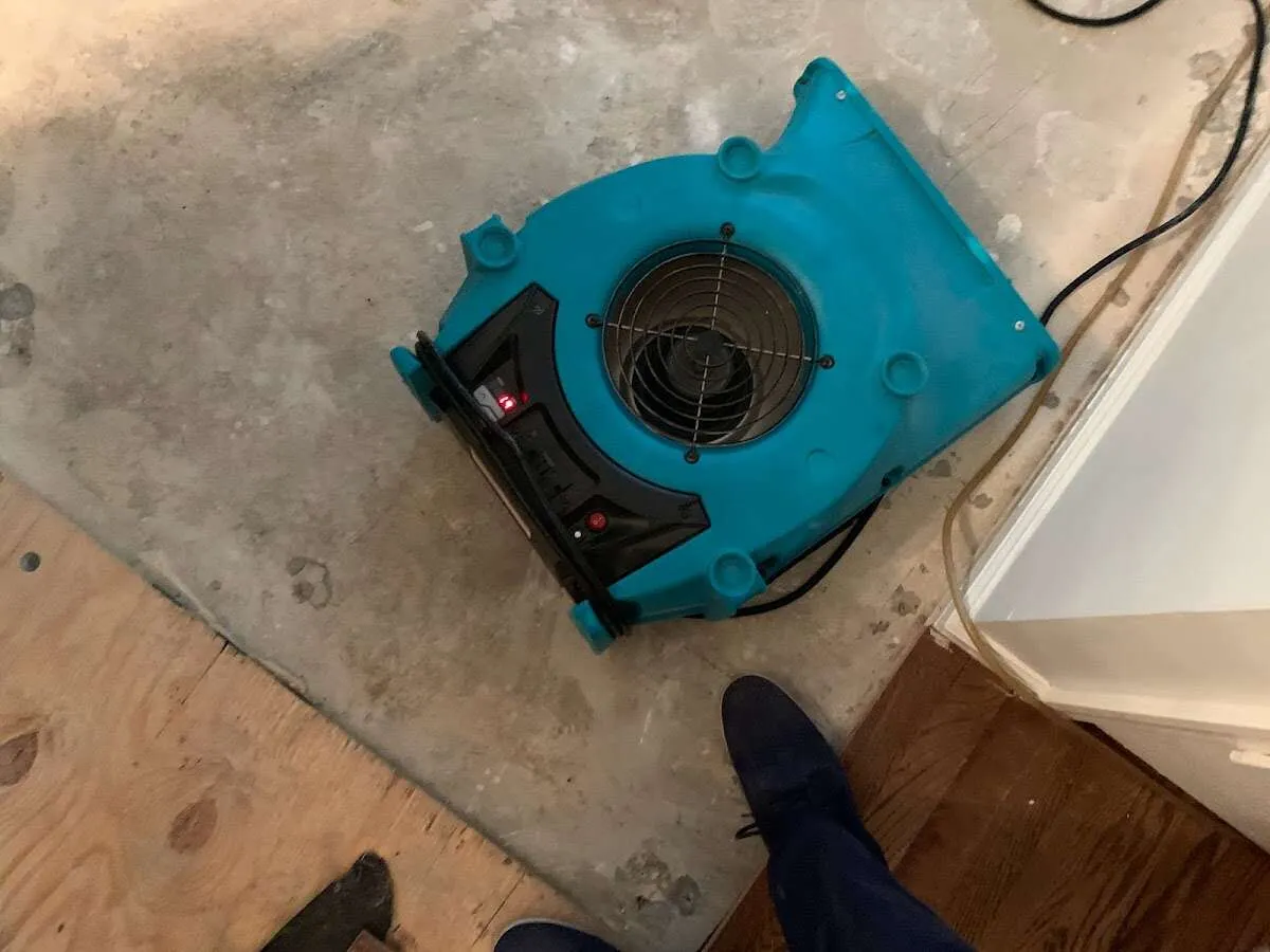 Air mover drying subfloor during Commercial Water Damage Restoration in Smithfield